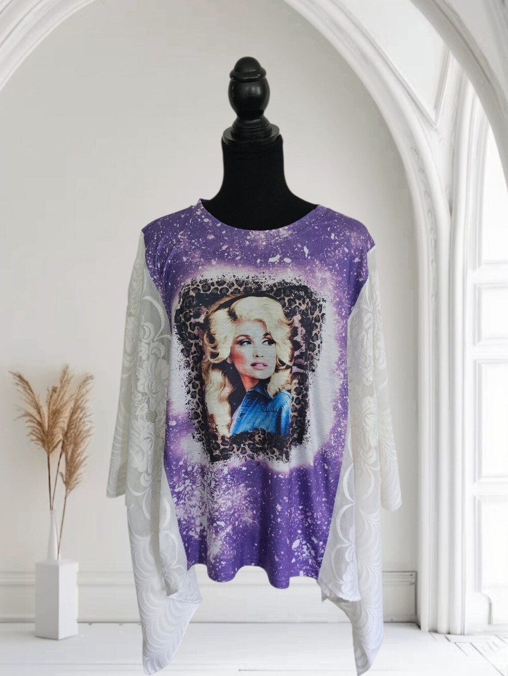 Upcycled Dolly Parton Graphic Band Tee With Lace Sleeves, OS - Picture 3 of 6